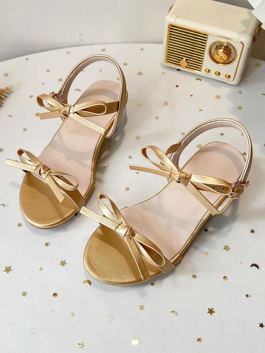 Girls' Crystal Bow Glitter Sandals With Transparent Chunky Heel - Gold - View 1