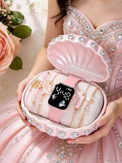 Set de 6/1 pieza, Nuevo reloj electrónico cuadrado elegante y lindo con pantalla digital, adecuado para usar con pulsera de hoja en fiestas, reuniones, cumpleaños, festivales. También es un regalo ideal para el Día de la Madre, el regreso a la escuela, la temporada de bodas para amigas, mamás, novias
