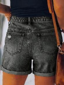 Nuevos jeans casuales y sueltos de verano con lavado liso y color liso para mujeres, estilo versátil de resort, moda callejera estadounidense en color negro - Negro - Ver 3