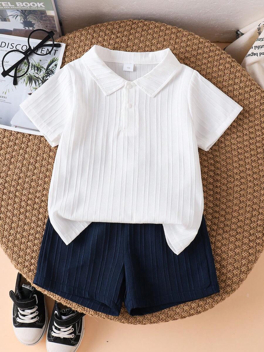 2件套夏季男童纯色Polo衫短裤套装,休闲度假及上学服装,4-7岁 - 白色 - 查看 1