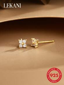 1 Pair S925 Sterling Silver Earrings, Fashionable & Popular Delicate Geometric Flower & Four-Leaf Clover Design, Jewelry Gift For Women, Suitable For Daily Wear - Gold - View 1