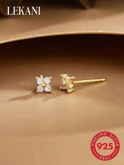 1 Đôi bông tai bạc Sterling S925, Thiết kế hình hoa và cỏ bốn lá tinh tế thời trang và phổ biến, Quà tặng trang sức cho phụ nữ, Thích hợp để đeo hàng ngày