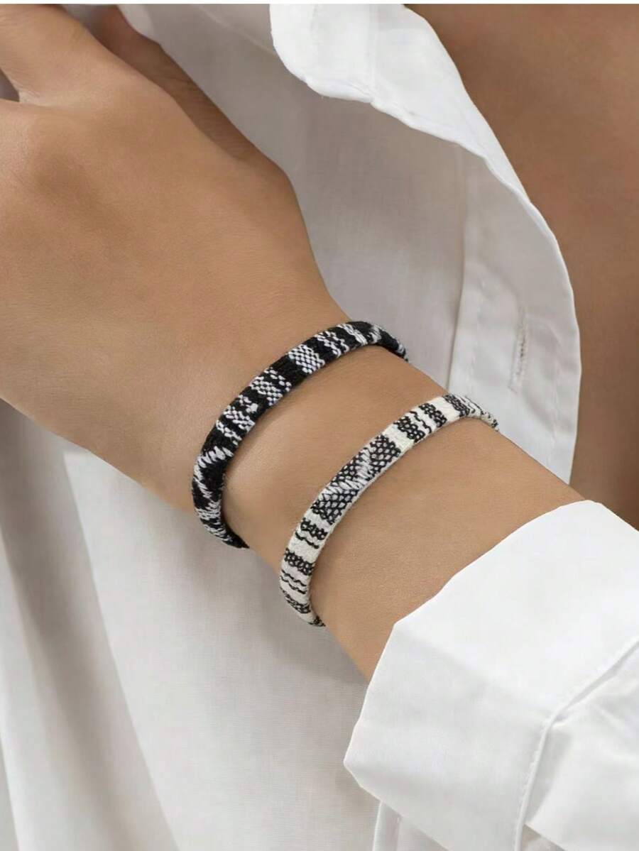 2 chiếc vòng tay phong cách Bohemian, vòng tay bện thủ công kiểu bãi biển, có thể điều chỉnh kích thước, dành cho nữ, mùa hè, màu đen trắng. - Đen và trắng - Xem 1