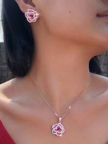 1 Conjunto Lindo Conjunto de Joias Flor com Zircônia Cúbica Vermelho-Rosa Banhado a Ouro Rosa, Conjunto de Brincos e Colar com Pingente para Mulheres, Acessórios de Noiva para Casamento, Festa, Baile de Formatura, Acessórios de Fantasia, Presente para Namorada, Esposa, Mãe, Aniversário, Dia dos Namorados - Pink - Visão 3