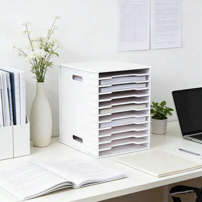 12-Tier Desktop File Organizer Box With Handle, White File Rack Suitable For A4 Paper, Mail, Office Supplies And Home/School Office File Sorting