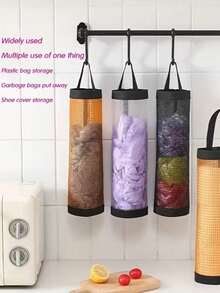 Estante de almacenamiento de bolsas de plástico con cordón montado en la pared, dispensador de malla de PET, para almacenar bolsas de supermercado, bolsas de basura de cocina, bolsas de compras reutilizables, organizador de bolsas multifuncional, herramienta de almacenamiento de cocina para el hogar - Multicolor - Ver 11