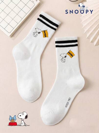  1 Pair Authentic Pattern Men's Crew Socks, Double Stripe Design, Cute Cartoon Socks For Men, Odor-Resistant, Moisture-Wicking, Casual & Sporty, Suitable For Students/Adults As Gifts Or Daily Wear, Snoopy Socks