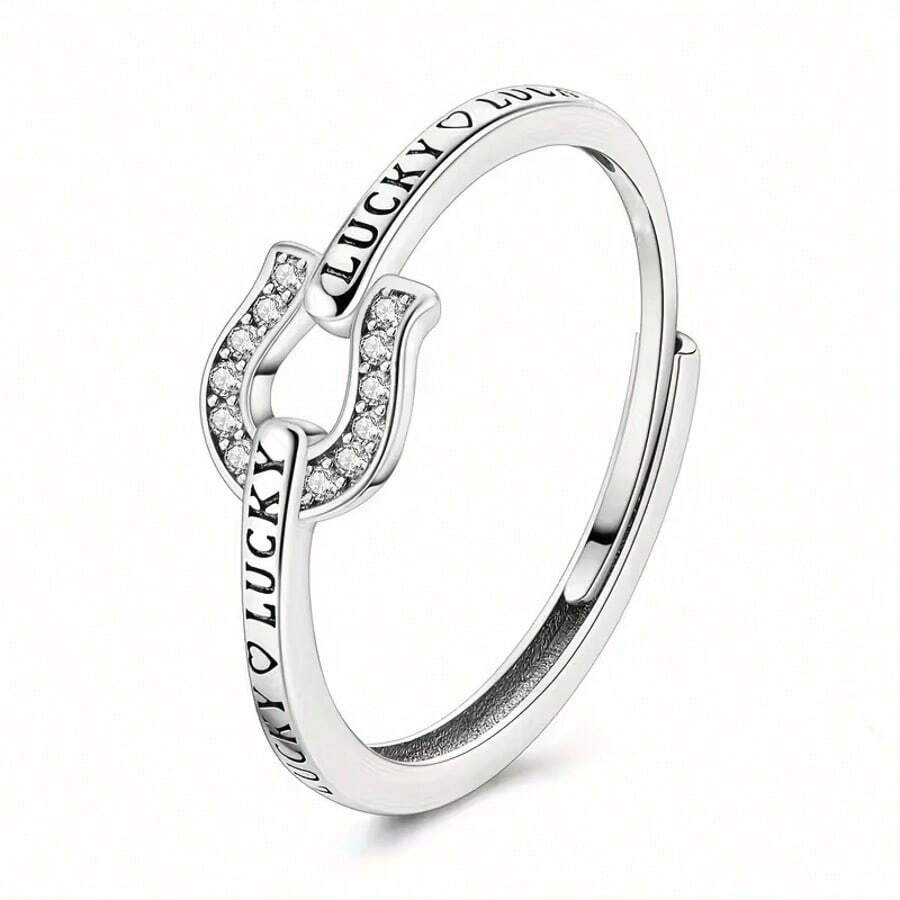 Women's Vintage Distressed Creative Horseshoe Shaped Cubic Zirconia Plated White Gold English Open Ring - White Gold - View 1