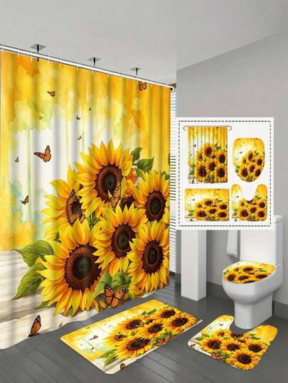Bộ 1/4 rèm tắm họa tiết ong, phù hợp với không gian cánh đồng hướng dương, rèm tắm chất lượng cao kèm 12 móc nhựa, thảm chống trượt phòng tắm, thảm chữ U cho nhà vệ sinh, thảm phủ, phụ kiện trang trí nhà cửa hiện đại cho phòng tắm.