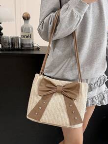 Solid Color PU Leather Bow Decor Lightweight Fashionable Women's Large Capacity Shoulder Bag, Elegant Lady Handbag - Khaki - View 2