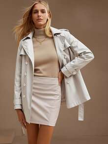 Women's Double-Breasted Windbreaker, Commuting Casual Jacket, Solid Color Design, Fashionable And Versatile For Spring And Autumn - Beige - View 10