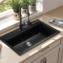 84 Cm Kitchen Sink Workstation, Top Mount Granite Sinks, Drop-In Single Bowl Farmhouse Basin With Multiple Accessories, Household Dishwasher Sink For RV, Prep Kitchen, And Bar (Black) - 84 Cm, Top Mount 10' Basin - View 9