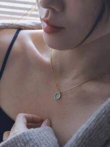 1pc Minimalist Stainless Steel Bohemian Turquoise Oval Pendant Necklace, Suitable For Daily Wear - 黃金 - 查看 2