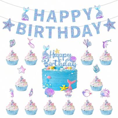 22pcs Mermaid Theme Party Decorations, Happy Birthday Pennant Flags, Cake Toppers, Spiral Party Decor, Birthday Decor, Baby Shower Decor, Gender Reveal Party Decor, Home Decor, Room Decor, Tableware Suitable For Birthday, Wedding, Party, Family Picnic