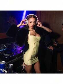 Casual Fashion European And American New Fashion Solid Color Bandage U-Neck Elastic Pit Strip Slim Sling Hip Dress Women - Màu vàng - Xem 2