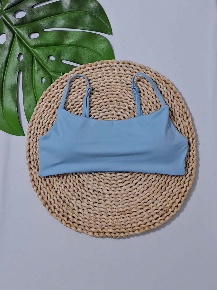 Simple Bikini Top With Thin Straps, Removable Padding, And Separate Adjuster, Polyamide - Baby Blue - View 1