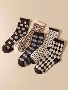 5 Pasang Kaos Kaki Wanita Model Vintage Setinggi Betis, Nyaman, Serbaguna, Cocok untuk Semua Musim, Lembut dan Hangat, Sesuai untuk Pemakaian Sehari-hari - MultiWarna - View 2