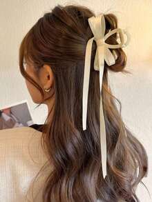 1pc Women's Solid Color Double-Layer Bow Ribbon Hair Claw Clip, Suitable For Daily Use Summer Hair Accessories Beach Vacay Hair Clips,Travel,Birthday - Beige - View 1