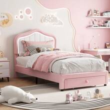 Gaderth Twin Size Bed Frame,Velvet Upholstered Platform Bed Frame,Kids Twin Bed Frame With Headboard,Full Size Bed With Drawer,No Box Spring Needed - TWIN Pink - View 2