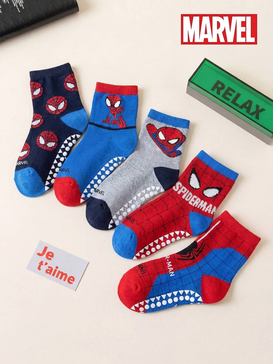 5 Pairs Themed Kids Socks Girls Knee-High Boys Breathable Anti-Slip Cartoon Home Sports Floor Socks, Marvel Socks - Multicolor - View 1