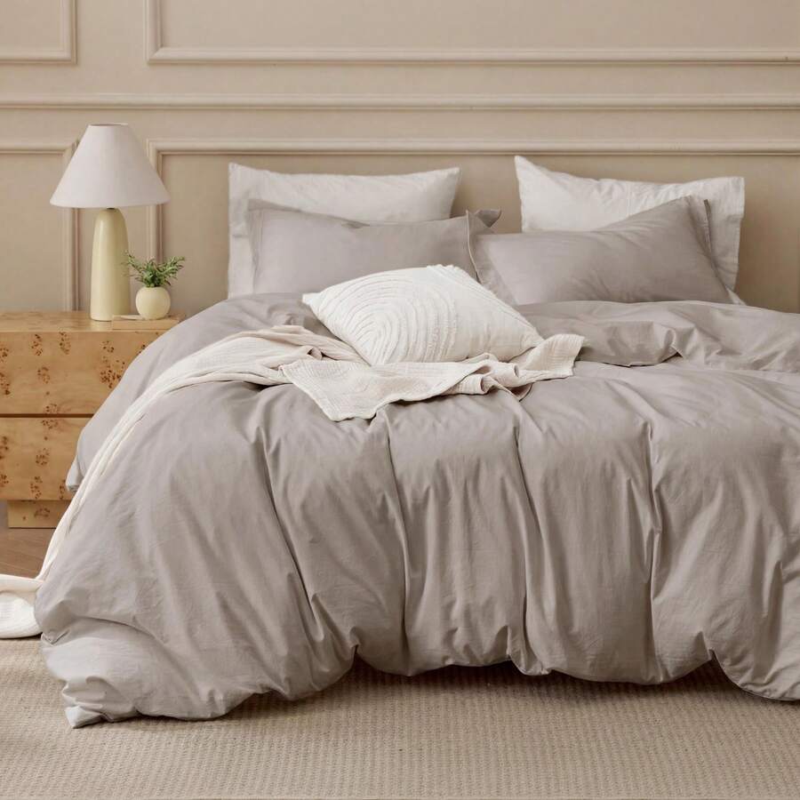 Bedsure Mother's Day 100% Washed Cotton Duvet Cover - Minimalist Cotton Duvet Cover Set Linen Like, For Spring Decor, Wedding Decor, Easter Decor, Room Decor, Home Decor - Linen Grey - 查看 1