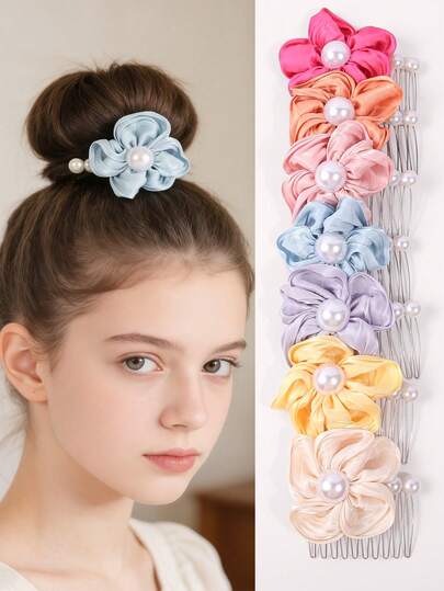 1 Piece Satin Flower Hair Combs With Pearl, Elegant Floral Hair Pins For Girls, Bridal Wedding Hair Accessories, French Twist Hair Clips For Bun Updo Hairstyle, Bridesmaid Prom Party Hair Decorations