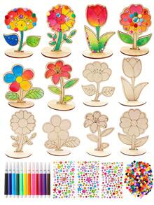 6/12pcs DIY 3D Wooden Flower Spring Art, Includes Unfinished Painted Wooden Flowers, Colorful Rhinestones, 12 Colored Pens, Painting Tools, Desktop Decoration, Suitable For Home Office, Wedding, Mother's Day Gift - Apricot - View 2