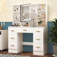 100cm Dressing Table With LED Mirror, 7 Drawers, Open Multi-Level Shelves, With Touch-Screen Lights, Lighting Modes & Dimmable, Large Makeup Vanity Set With LED Lighted Mirror Dressing Table Dresser Desk For Girls Bedroom - White - View 5
