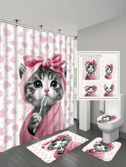1件/4件套粉色猫咪浴帘套装，浴室装饰及配件，卡通可爱小猫头箍毛巾爱心背景12钩浴帘，防滑浴垫，U型马桶盖，马桶盖套