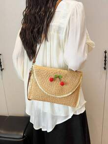 Small Fresh Three-Dimensional Cherry Embellishment Design Shoulder Bag, Raw Edge Design Retro Simple Fashion Versatile Shoulder Bag, Niche Classic Daily Commuter Shoulder Bag, Holiday Style , Suitable For Shopping And Dating. - Khaki - View 3