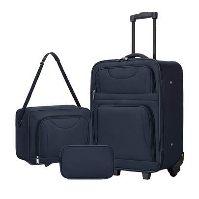 3 Piece Soft Shell Luggage Set Carry On Cabin Luggage With Travel Duffel Bag And Toiletry Bag Lightweight 20 Inch Hand Luggage Set For Women Men Weekend Trips Business Travel Holiday Christmas Gifts Navy Blue
