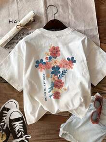 T-shirt vintage da donna, 100% cotone, stampa floreale a croce su entrambi i lati con la scritta "Walk By Faith", girocollo, maniche corte, ideale per la primavera e l'estate. - Bianco - Visualizzare 3