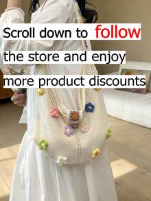 新款小众设计韩版女士单肩托特包，慵懒风，简约时尚，独特个性单肩包，手工编织花朵包。新款女士小众沙滩度假包，多功能单肩斜挎包，镂空单肩包，月牙形女士手提包 - 白色 - 查看 2