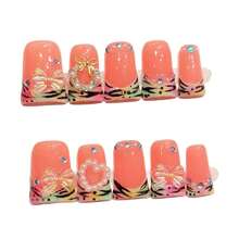 Short Duck Beak Nails Orange Pink Holographic Tiger Pattern With Bow-Fake Nails 10 Pieces - Watermelon Pink - View 11
