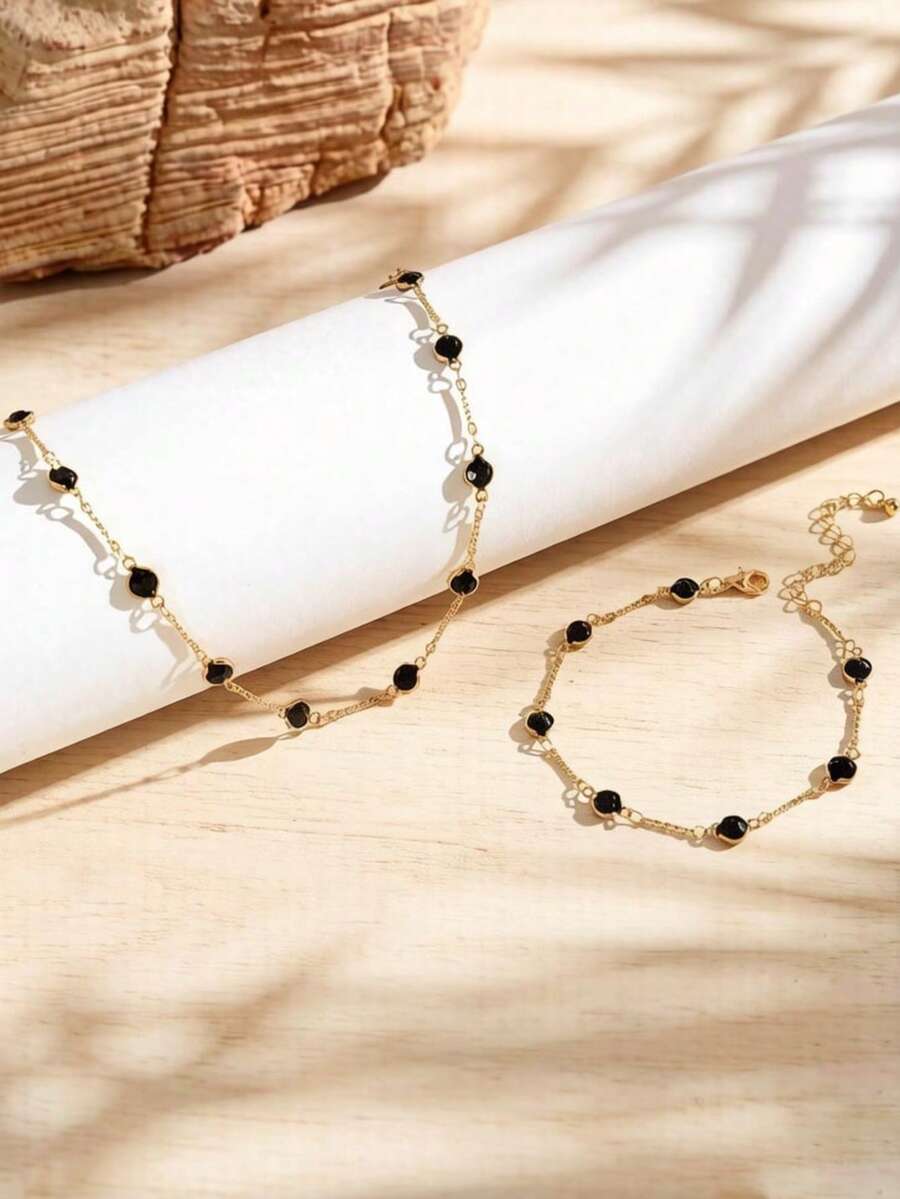 imoli 1 Set Rhinestone Anklet And Rhinestone Edged Necklace Jewelry Set - 15633-2-black - View 1