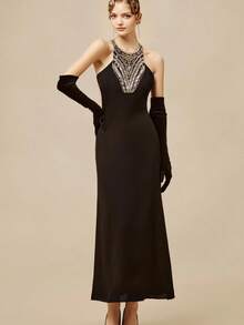 BABEYOND 1920s Women's Surprising Geometric Beads Evening Gown - 黑銀色 - 查看 1