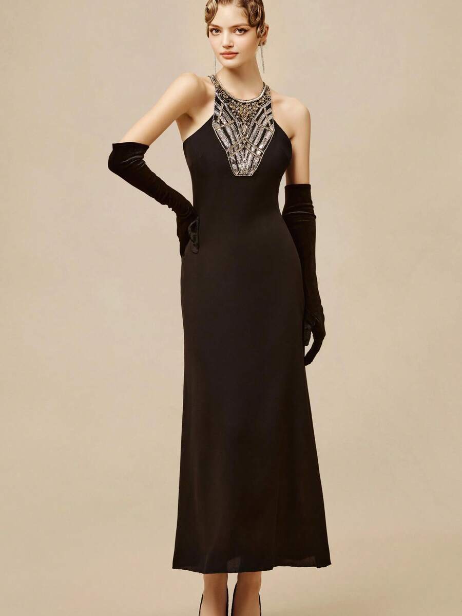 BABEYOND 1920s Women's Surprising Geometric Beads Evening Gown - 黑銀色 - 查看 1