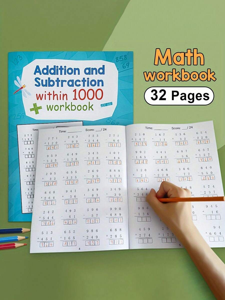 32 Pages Addition And Subtraction Practice Workbook, Numeric Range Up To 1000, Math Writing Exercise Book, Math Practice Sheets, Learning Activity Worksheets, School Learning And Educational Writing Aid, Back To School Essential