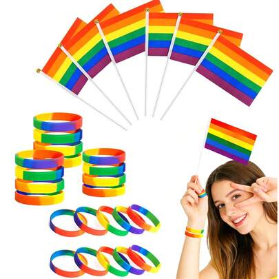 Bộ 24/48 món đồ trang trí cầu vồng Pride, cờ và vòng tay cầu vồng, cờ và vòng tay cầu vồng mini, phụ kiện tháng Pride, vòng tay và cờ LGBTQ, cung cấp số lượng lớn cho cộng đồng và những người ủng hộ, cờ lễ hội, màu sắc rực rỡ không phai, đồ trang trí lễ hội ngoài trời, đồ dùng cho lễ hội diễu hành cầu vồng Gay Pride.