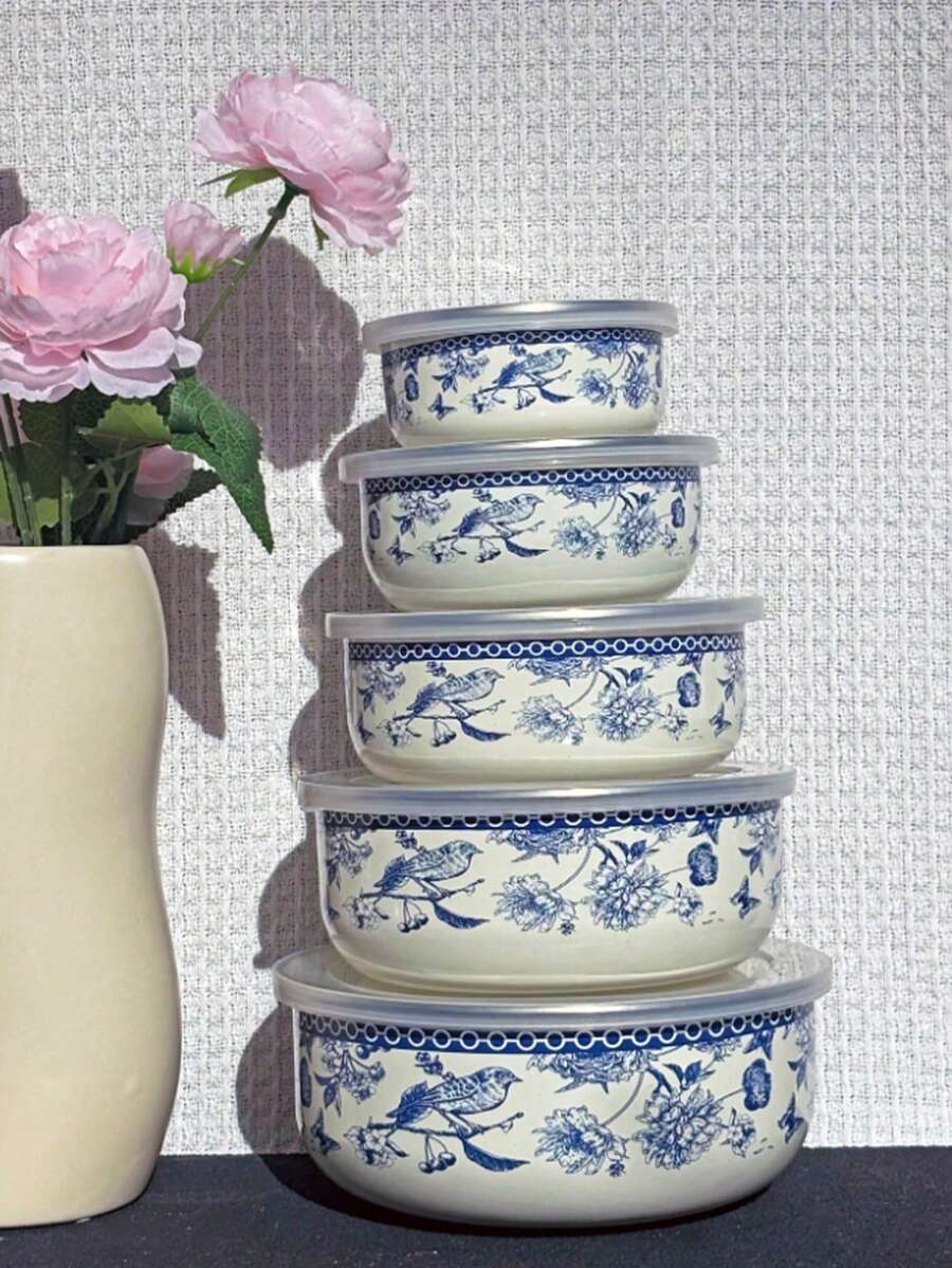 5个复古花卉珐琅碗,带盖,用途广泛,可用于食物储存、加热、户外野餐、露营、聚会,也是馈赠亲朋好友的理想礼物。 - 查看 1