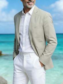 2026 男士休闲纯色单扣亚麻西装外套 - 常规版型，适合商务、海滩、旅行和晚间外出，兼具正式与休闲风格 - 米色 - 查看 1