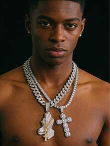 Bộ dây chuyền mặt hình thánh giá và bàn tay cầu nguyện đính đá lấp lánh phong cách Hip Hop dành cho nam giới, dây xích kiểu Cuban Link. - Bàn tay cầu nguyện đính kim cương đầy đủ - Xem 6