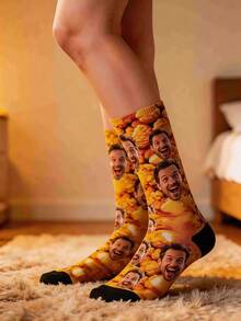 1 Pair Personalized Photo & Text Printed Cotton Mid-Calf Socks, Unisex Creative Funny Socks, Suitable For Birthday Party Gifts - Multicolor - View 2