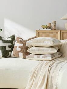 1pc/2pcs Beige Geometric Patchwork Pattern Throw Pillow Cover, Modern High-Density Jacquard Chenille Fabric Square Customized Decorative Cushion Cover, Suitable For Home, Sofa, Bed, Chair, Party, Gift For Friends, All Seasons - Beige - View 5