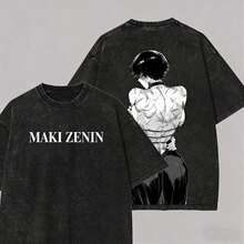 Graphic Cotton-Shirt  Maki Zenin Oversized Vintage Washed-Shirt Men Women Maki Muscular Back Graphic & MAKI ZENIN Lettering Short Sleeve Anime Streetwear Casual Tee, Anime Shirt, Mens Clothes, Mens Shirts, Unisex Casual Streetwear Japanese Anime-Shirts Y2K,Oversize Plus Size Men's S To 5XL,Summer Tee - Xám - Xem 5