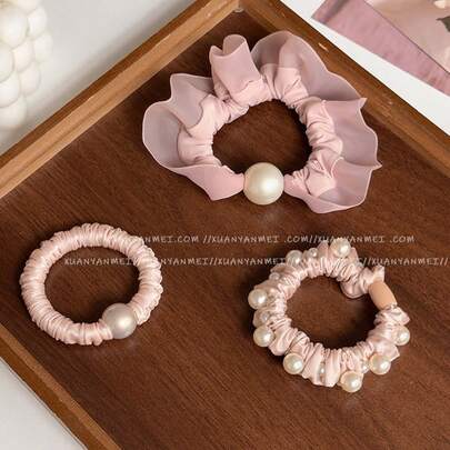 3pcs/Set Sweet Nelly Pink Super Soft Satin Pearl Pleated Hair Scrunchies, All-Match Versatile Hair Ties, Hair Accessories, Headpiece