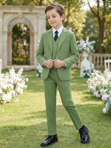 Boys 3 PiecesFormal Suit Set Blazer&Vest&Pants Classic Slim Fit Comfortable Style Outfit Perfect For Wedding Birthday Party Family Holiday Occasions - Green - View 3