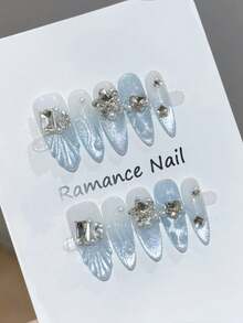 Ocean Heart Long Almond Blue Fish Tail Rhinestone Fake Nails 10PCS Elegant Design For Women - Baby Blue - View 3