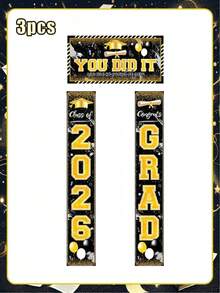 2026届毕业季黑色金色三件套门帘，主题：“你做到了”，适用于门廊、户外毕业典礼装饰、学生毕业派对入口装饰 - 多色的 - 查看 8