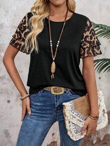 Luminous Wealth Women's Summer Leopard Print Patchwork Pleated Sleeve T-Shirt Black - Black - View 5